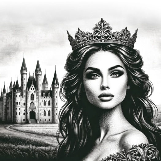 black and white sketch of queen with a castle in the background