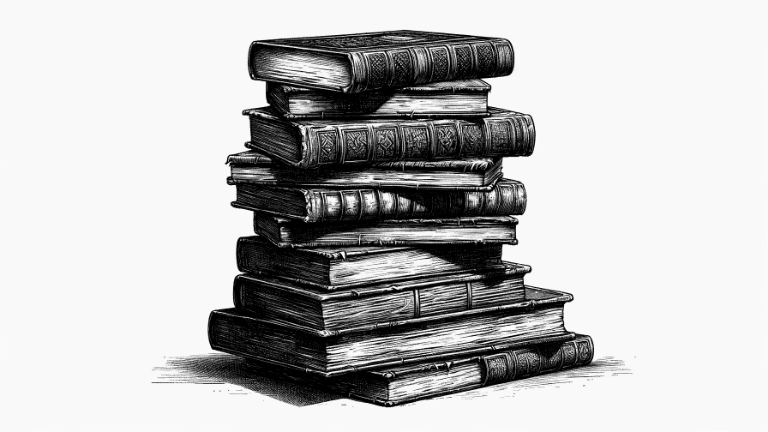 black and white sketch of a stack of old books