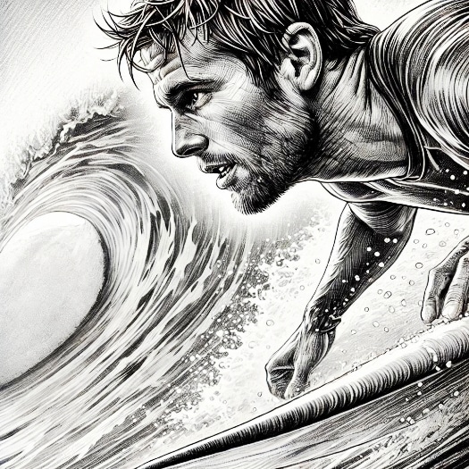 black and white sketch of surfer