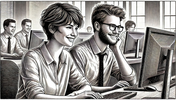 black and white inked drawing of a web developer and a software engineer