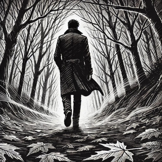 black and white sketch of man walking in woods