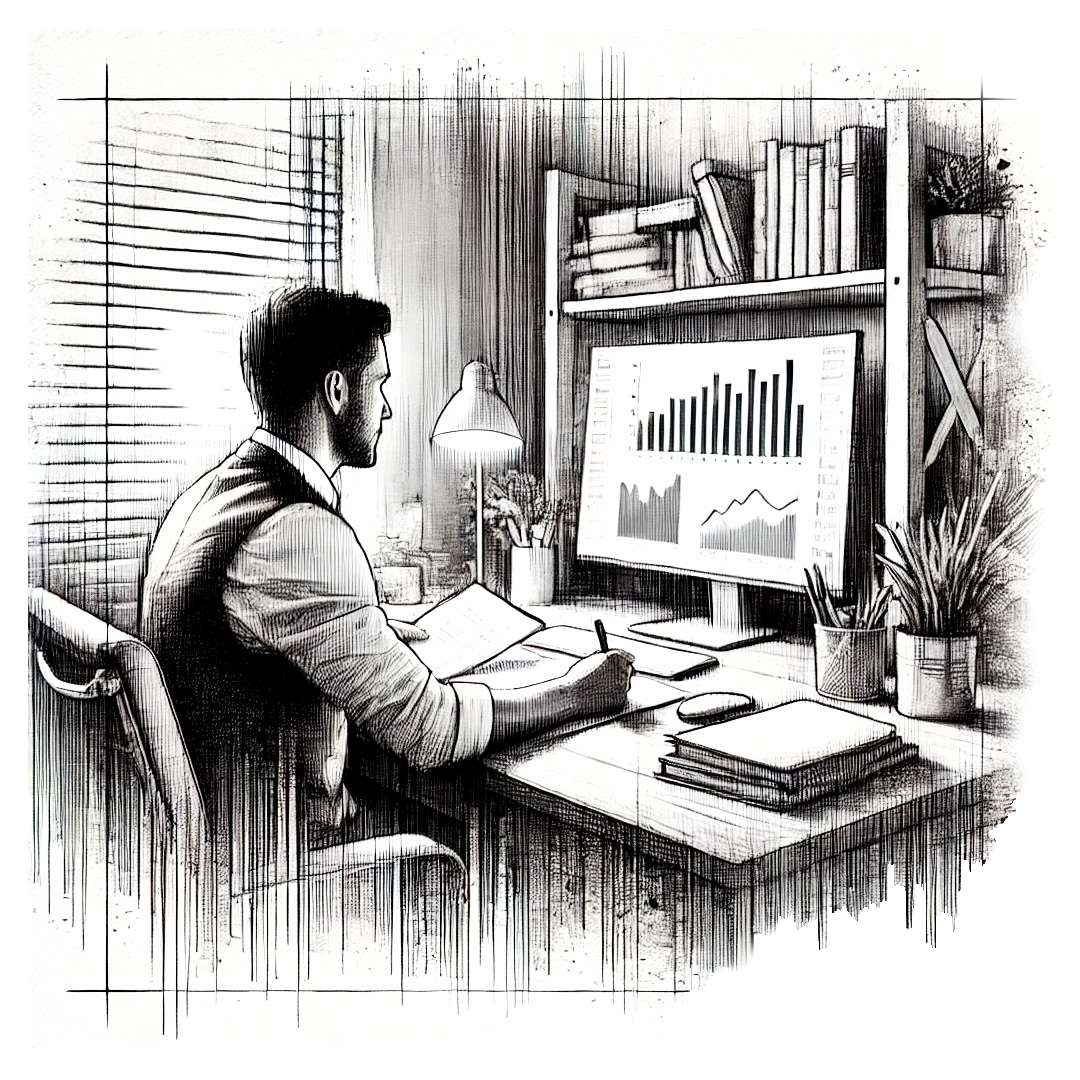 sketch of man tracking on his computer