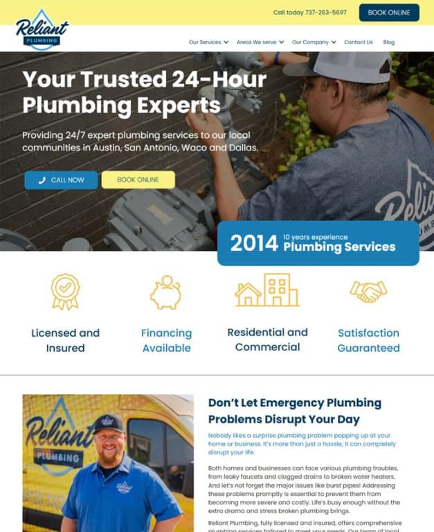 Screenshot of the Home page for Reliant Plumbing