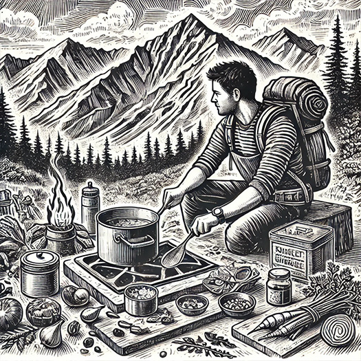 Pen & ink sketch of man cooking meal out in the mountains. showing all the ingredients and flavors to use to have the strongest marketing & brand voice