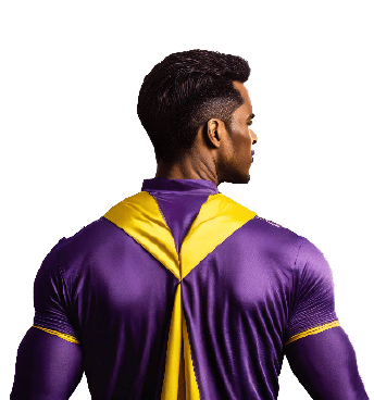 Super hero in purple and yellow suit back view facing to the right