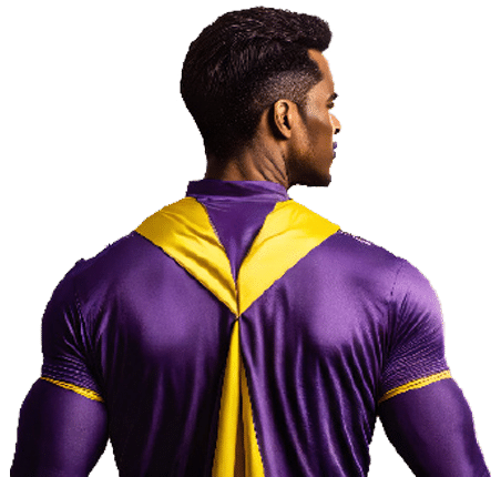 Super hero in purple and yellow suit back view facing to the right