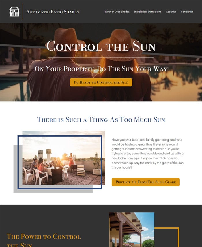Screen shot of Automatic Patio Shades new website Homepage hero panel