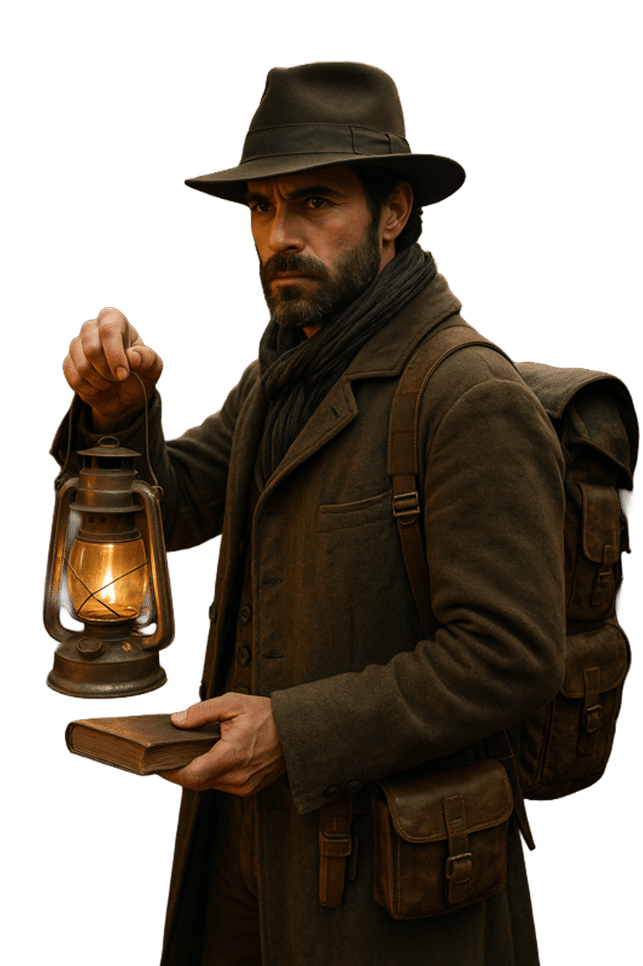 Adventurer holding lamp at a turn of the century indian street market.