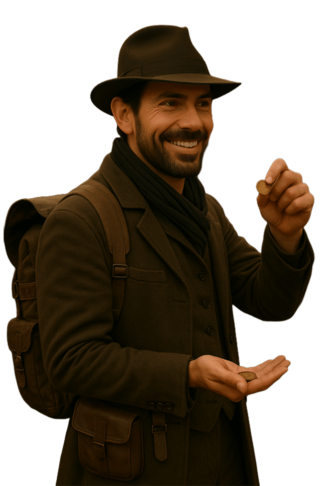 Adventurer smiling and playing with coins.