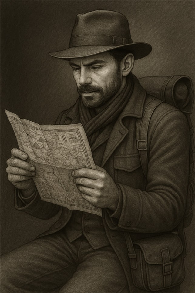 A man with a beard and an adventurer's hat is reading a map.