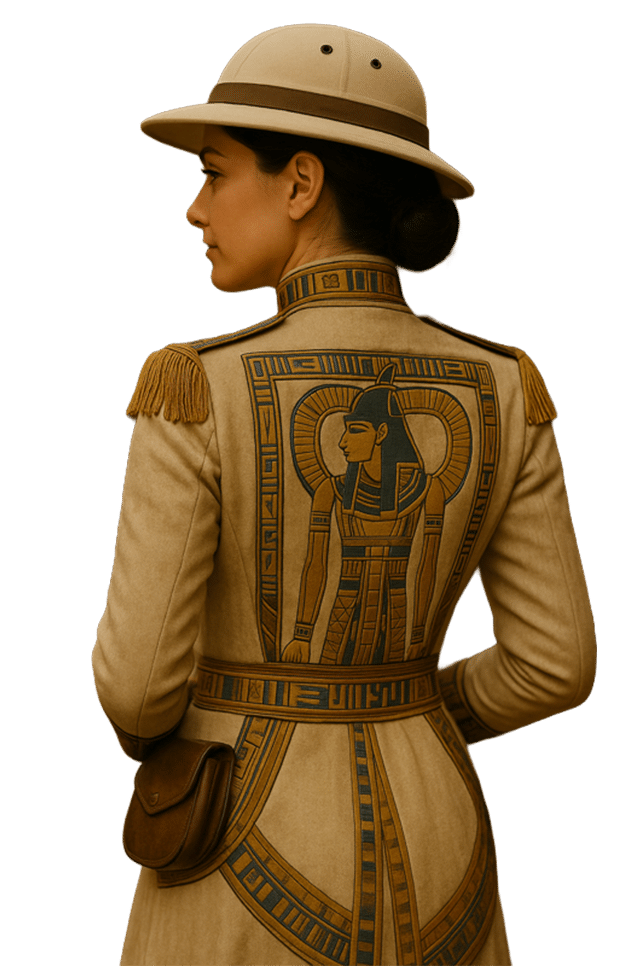 Female Egyptian traveler wearing an ornate hieroglyph jacket.