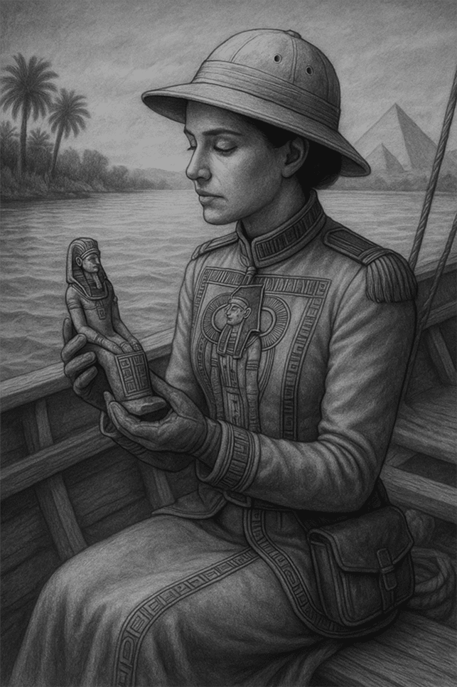 Female Egyptian traveler on the Nile River holding an artifact.