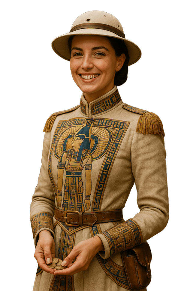 An Egyptian traveler in an ornate Egyptian hieroglyph jacket.