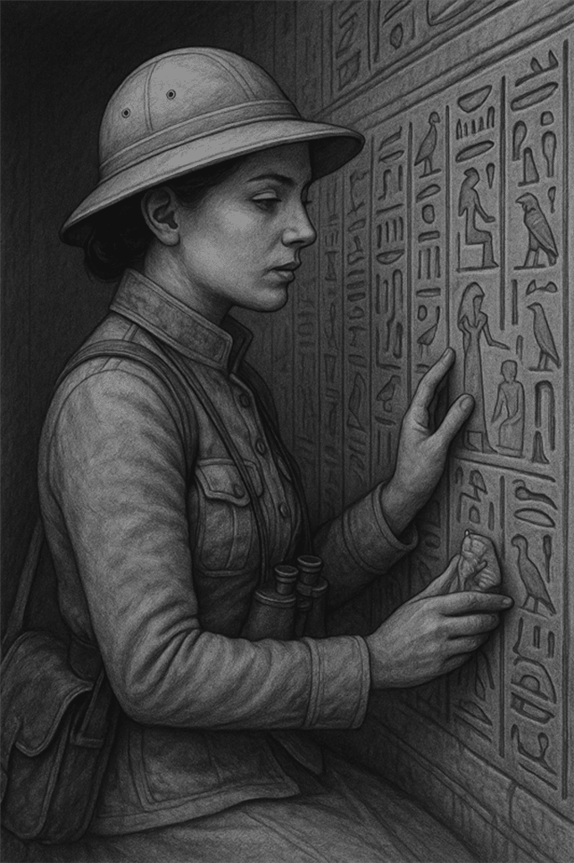 Egyptian woman deciphering hieroglyphs.