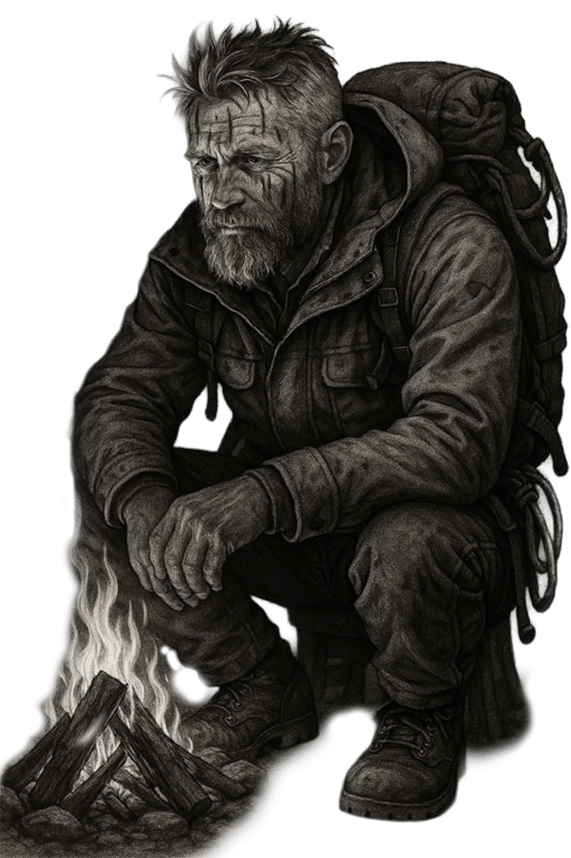 Explorer contemplating his adventure sitting by a fire.