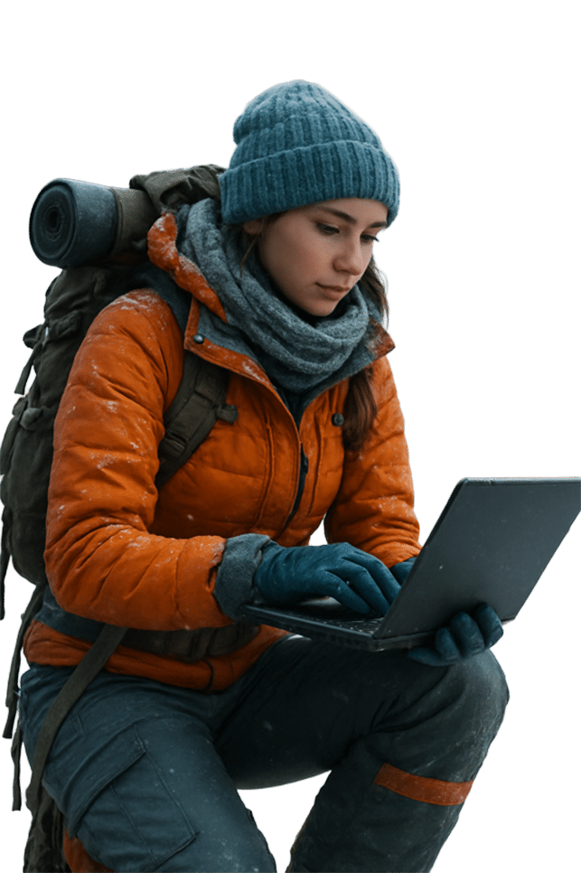 Female at a mountain basecamp with a laptop