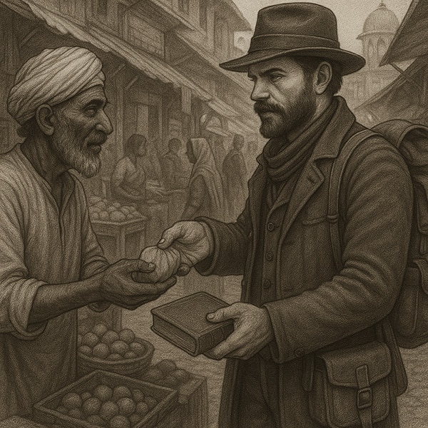 Money exchange between an adventurer and a street merchant.