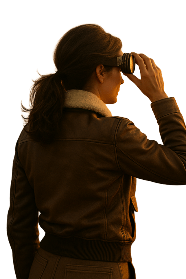 Woman aviator looking off to the sunset while holding her goggles.