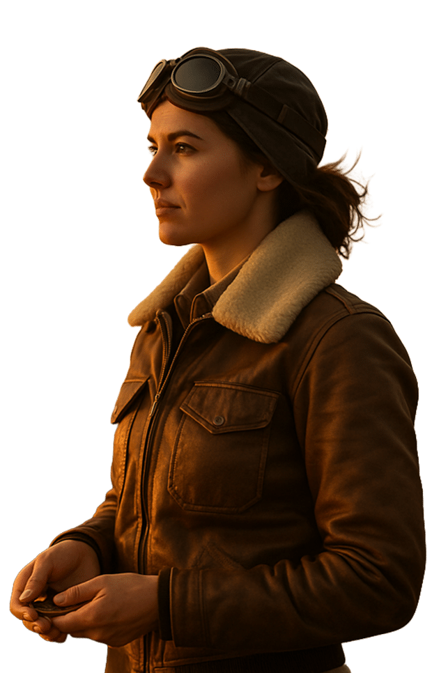 Woman aviator in a bomber jacket.