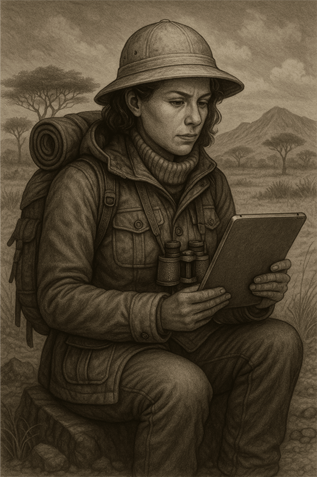 Woman on a safari updating her website with her tablet.