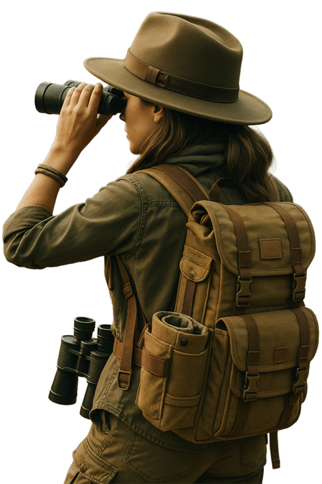 Woman on a safari wearing binoculars.
