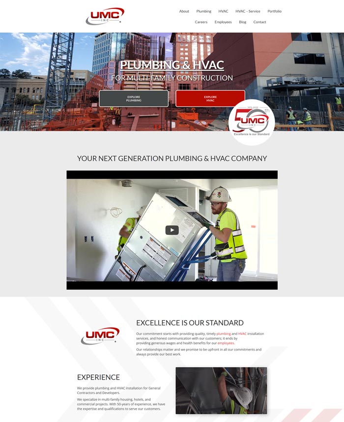 Screenshot of the UMC plumbing and HVAC website homepage