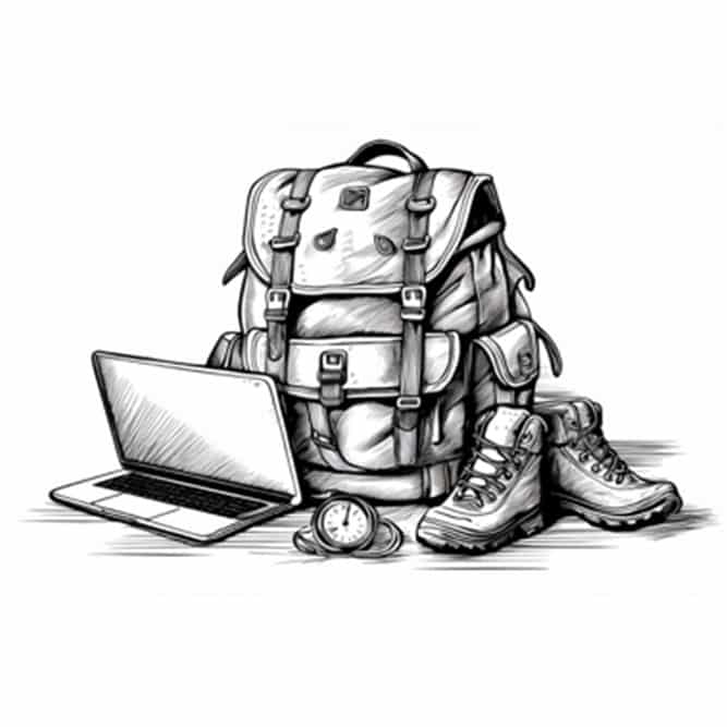 Black ink image of a hiking backpack boots and a laptop