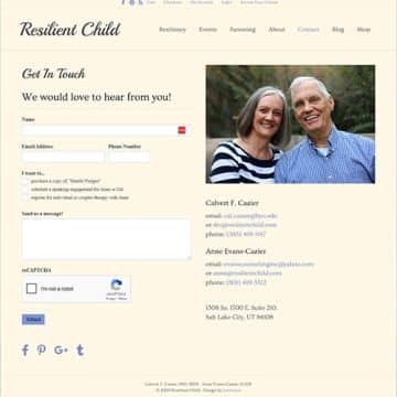 Screenshot of the Resilient Child website contact page