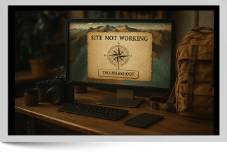 Computer screen with compass and the words "Site Not Working"