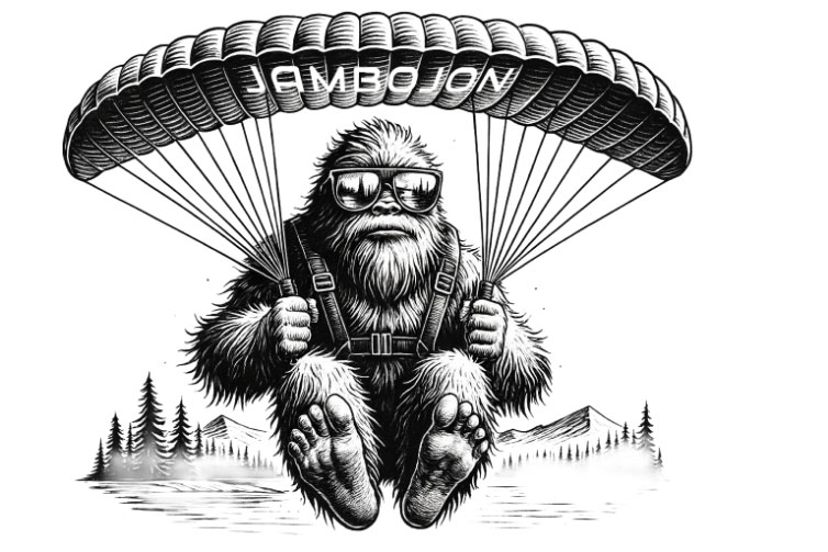 ink drawing of yeti paragliding