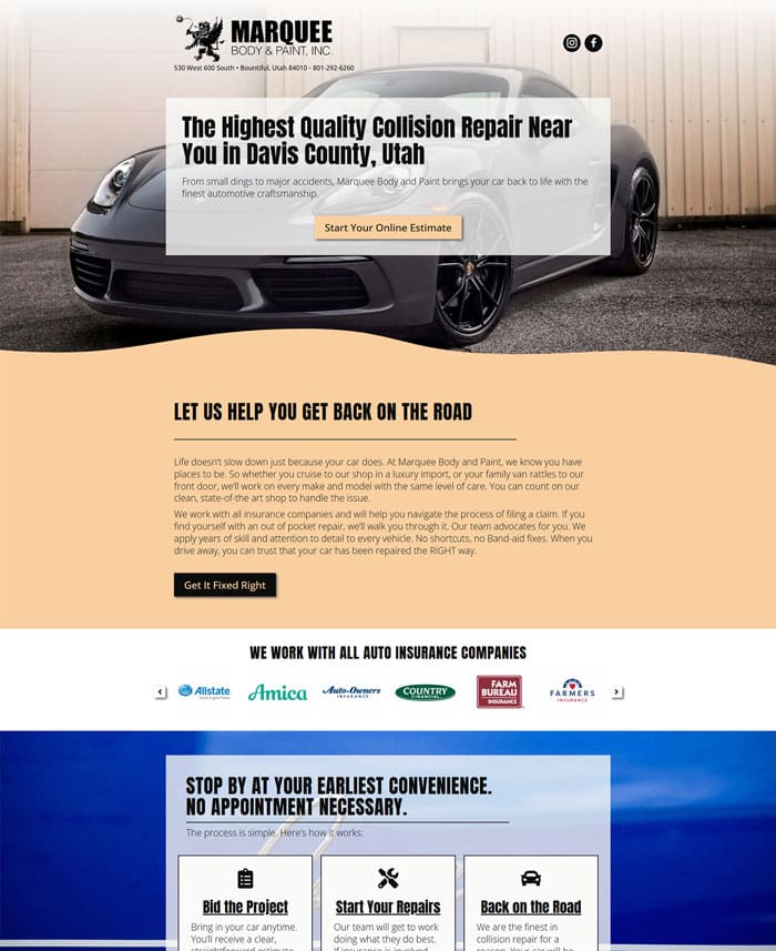 Screenshot of Marquee Body and Paint Homepage