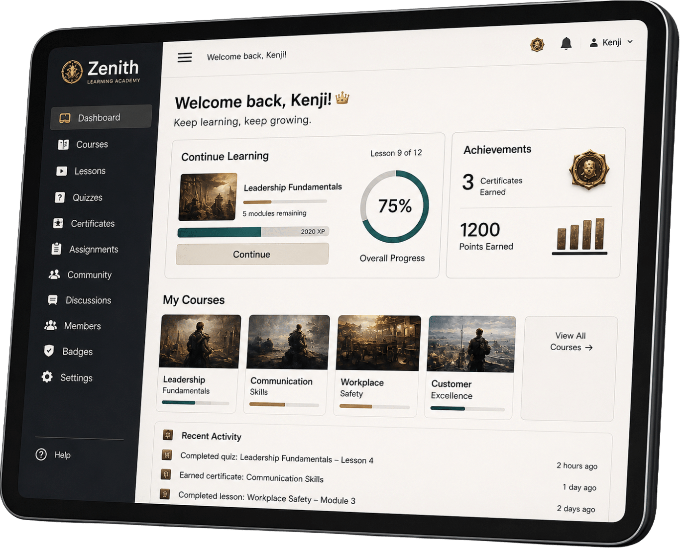 The screen shows a digital interface with various options like courses and achievements for an individual named Kenji.
