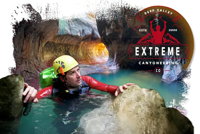 Man swimming in cave doing extreme canyoneering.