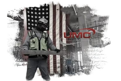 UMC Header, construction worker carrying a beam in front of flag and plumbing pipes
